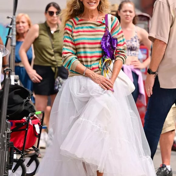 Vtg Yellow Stripe Lace Mesh Tulle Sheer Floral Applique Sequin Midi Maxi Skirt M - Picture 11 of 16
